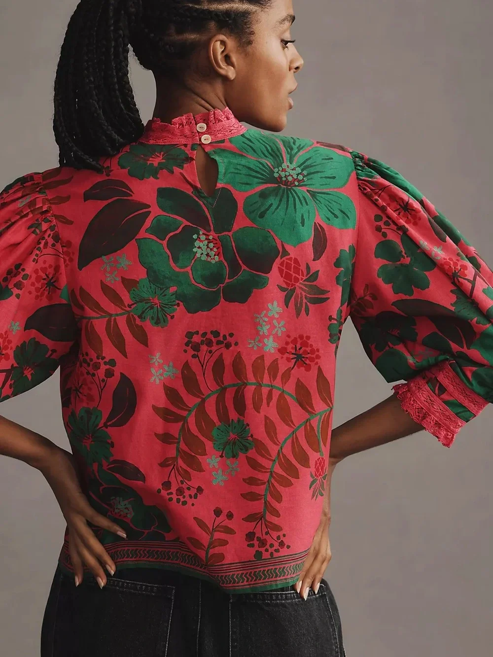 FARM Rio Red Floral Lace-Trim Puff Sleeve Blouse - Picture 3 of 6